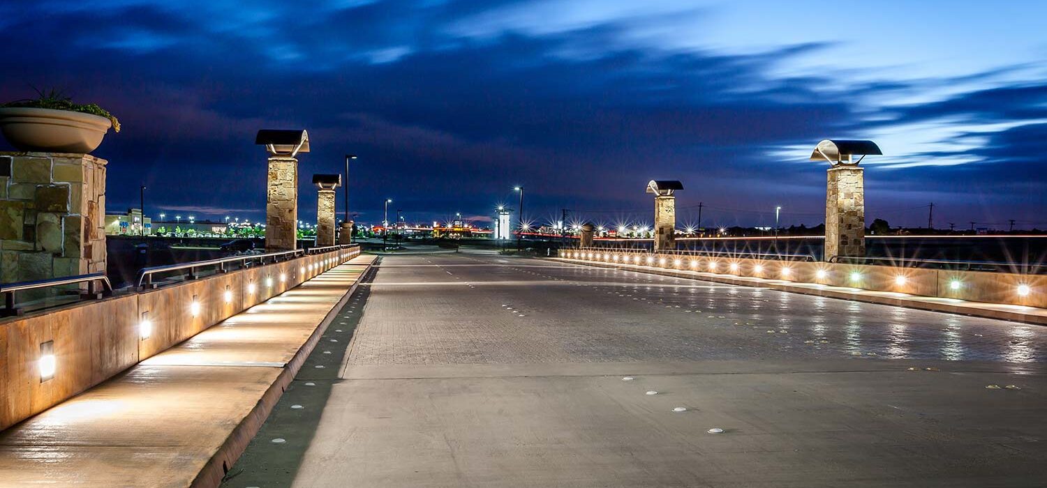 Glade Parks Boulevard Bridge at night with sidewalk lights